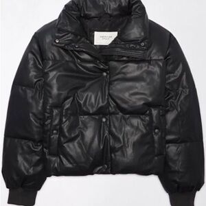 Black Vegan Leather Puffer Jacket